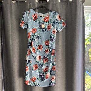 Pinkblush Light Blue Floral Short Sleeve Mini Dress with Red and Purple Blooms